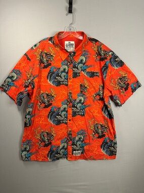 Zero Foxtrot Men’s 2XL Orange Dragon Print Short Sleeve Button-Down Shirt
